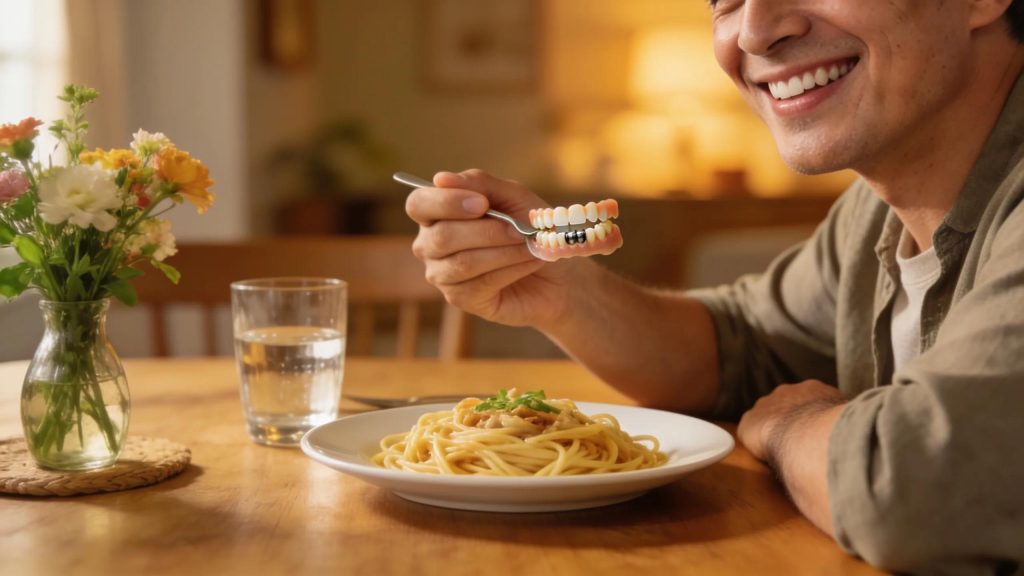 Patient enjoying a meal with implant-supported dentures, showcasing enhanced comfort and confidence